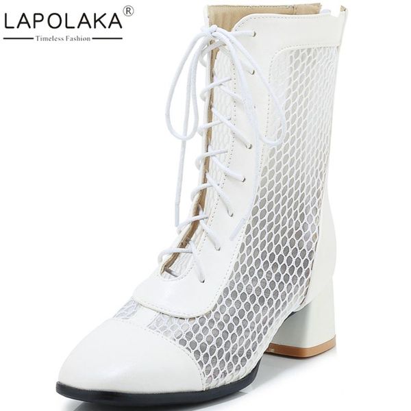

lapolaka 2020 large size 43 mesh square heels summer boots woman shoes zip up comfortable boots women shoes, Black