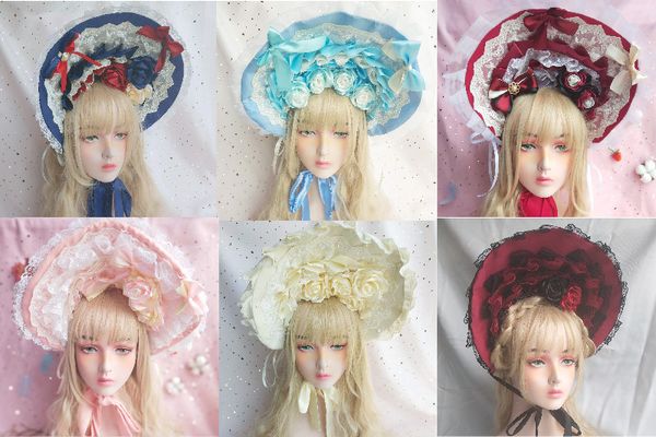 

vintage princess sweet lolita rose bonnet headwear gorgeous gothic hat sun hat women's lace victorian soft wire brim bonnet, Blue;gray