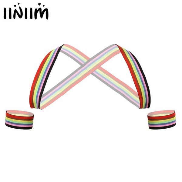 

iiniim mens rainbow stripe x-shaped back elastic body chest muscle harness belt with armbands costume bondage straps clubwear, Black;brown