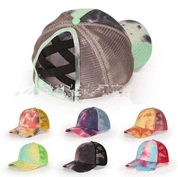 

tie dye criss cross ponytail baseball cap men women washable ball cap hats adjustable hip hop peaked cap teens sun visor mesh hats d92102, Yellow