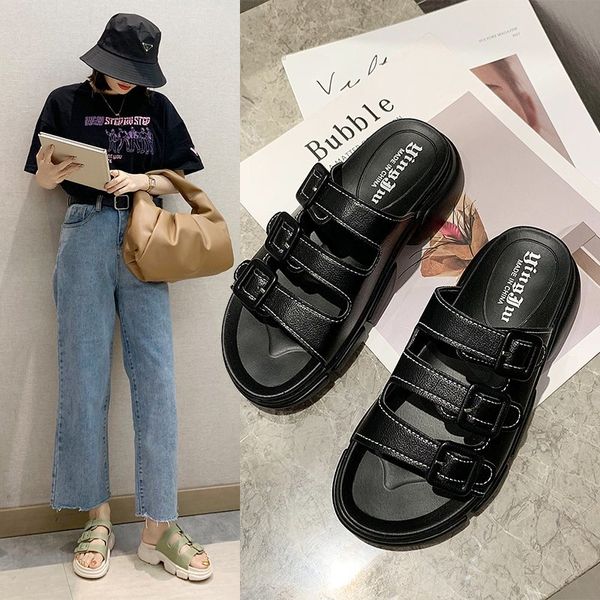 

fashion slippers women wear 2020 new summer wild belt buckle thick bottom increased word drag beach sandals and slippers x043, Black