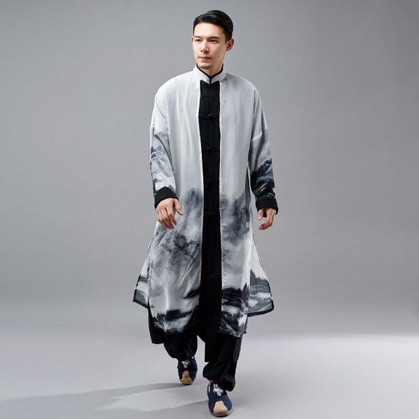

men chinese style spring autumn cotton linen chiffon splice long shirt trench coat male casual robe jacket, Tan;black