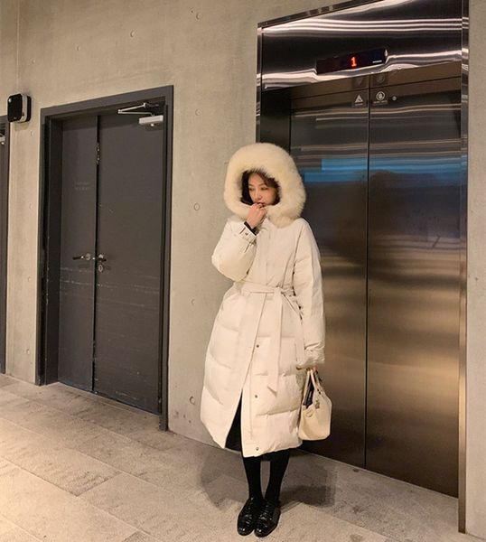 

selling ladies designer luxury down jackets 2020 europe america new long over-the-knee woman coat fox fur collar belt thick bread jacket, Black