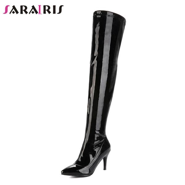 

sarairis new big size 32-46 patent pu solid thin high heels pointed toe zip shoes woman casual party over the knee boots, Black