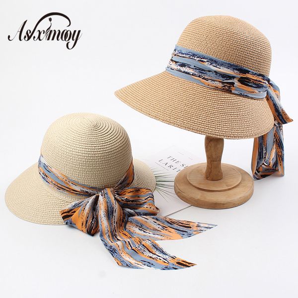 

wide brim hats summer straw hat for women foldable panama femme bow streamer straw-caps fedora sun-protection beach, Blue;gray