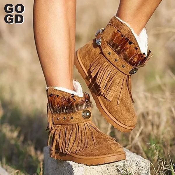 

gogd]women ankle short boots tassels round toe buckle strap ethnic style warm non-slip boots shoe for lady 36-41, Black