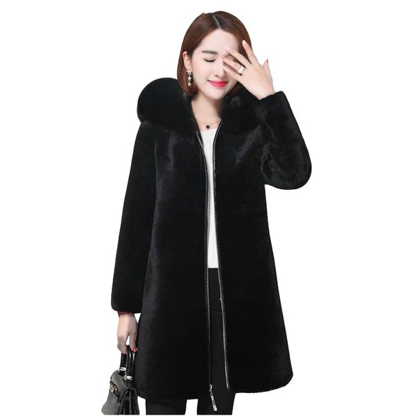 

women's fur & faux hooded large collar sheep shearing coat female medium long winter thick plush soat water mink hair pike coats women, Black