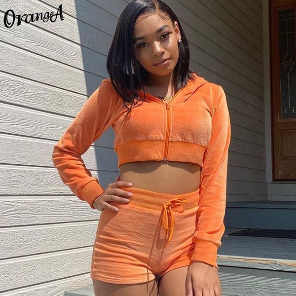 

orangea autumn casual tracksuit women zipper hoodie long sleeve sporty shorts pocket matching sefashion two piece set outfits, Gray