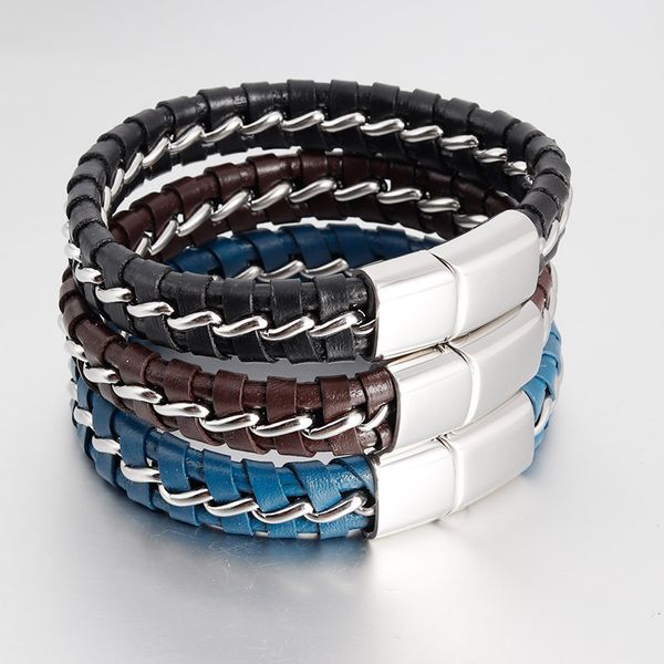 

charm bracelets vintage braided genuine leather bracelet punk wide for men jewelry wholesale stainless steel, Golden;silver