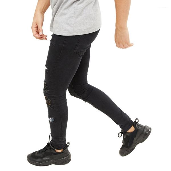 

holes slim pantalones black fashion rapper hiphop skateboard elastic jean pants ripped mens, Blue