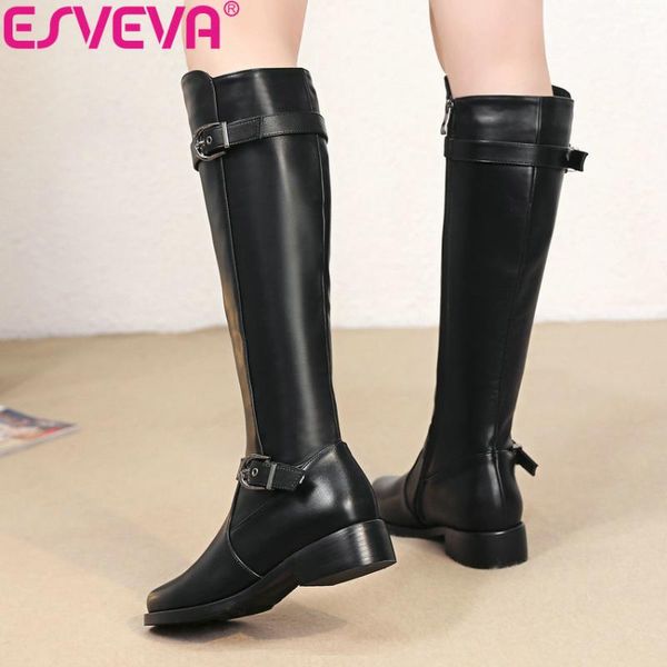 

esveva 2020 women shoes buckle knee-high boots round toe square med heels short plush zipper winter boots motorcycle 34-43, Black