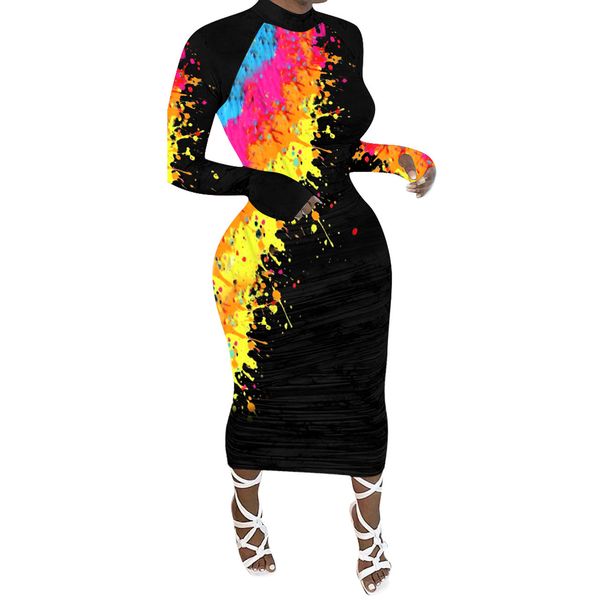

fashion women's dotted graffiti printed long-sleeved dress o-neck casual lounge wear slim ankle-length vestidos elegant femme clothing, Black;gray