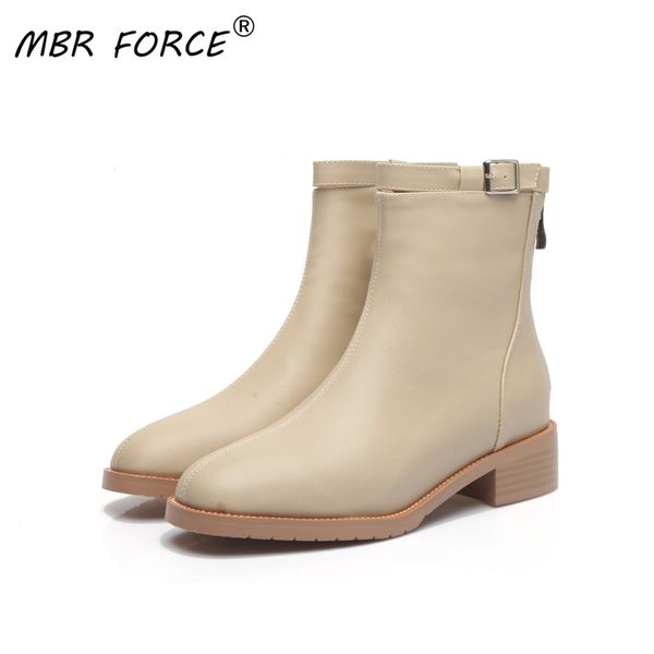 

mbr force 2020 new ladies ankle boots round head fashion plush warm winter black beige boots zipper belt buckle ladies shoes