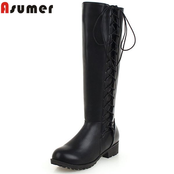 

boots asumer 2021 fashion knee high round toe cross tied med heels autumn winter keep warm ladies prom big size, Black