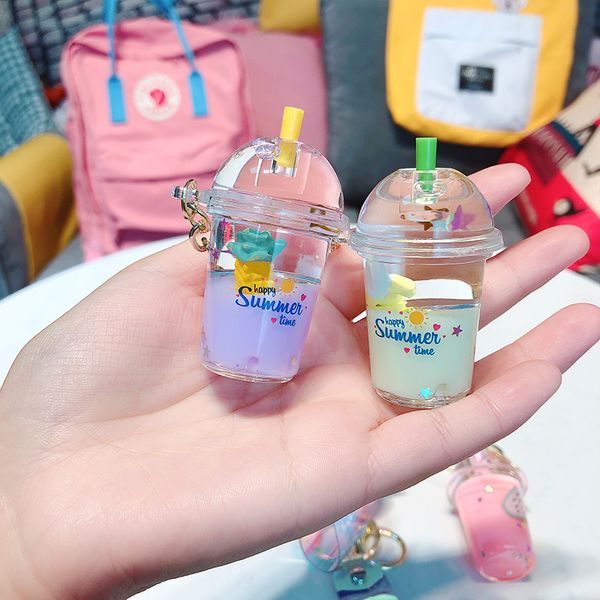 

key chain cute fruit milktea liquid simulation transparent box floating feature key rings holder bag decoration pendant kids lik, Silver