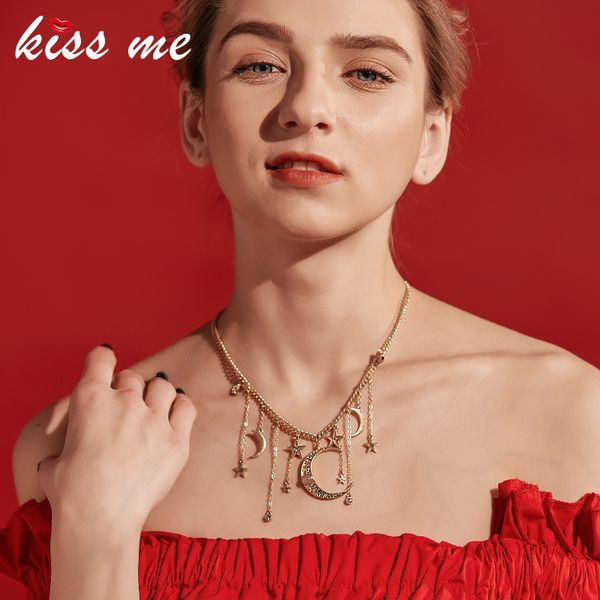 

kiss me brand crystal moon star necklaces & pendants unique gold color chain necklace accessories for women, Silver