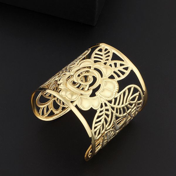 

hollow wide cuff rose flower bracelet bangles for women new alloy open big female bangle fashion jewelry accesorios mujer, Black