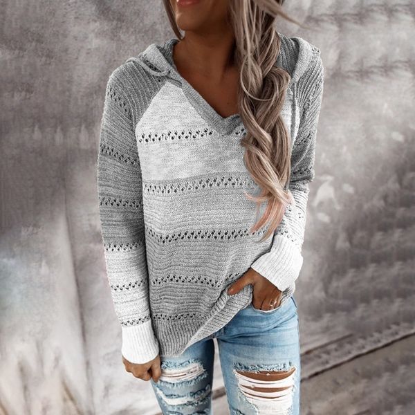 

women knitted hoodies sweaters autumn striped hooded sweatshirt casual patchwork v-neck long sleeve plus size lady hoody pullover, White;black