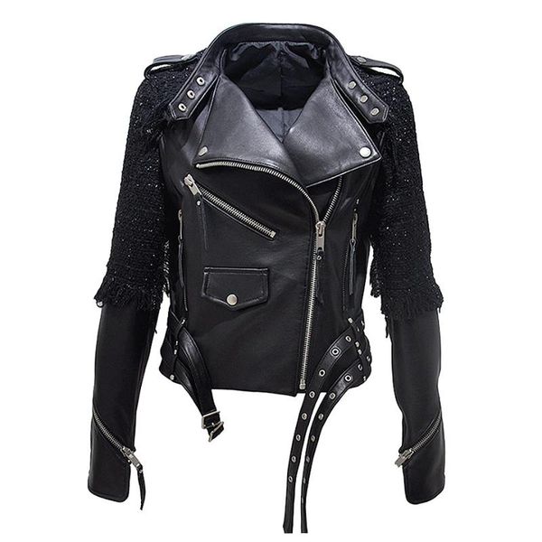 

women autumn zipper casual real leather jacket soft solid motorcycle sheepskin jacket fashion streetwear lady slim, Black