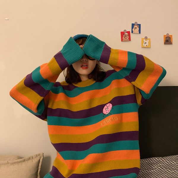 

women's sweaters college style loose fashion sweater striped round neck contrast cartoon letter embroidery women, White;black