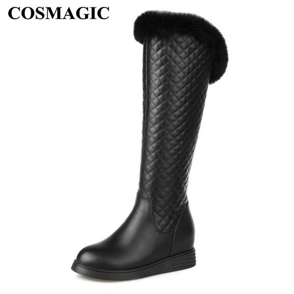 

boots cosmagic 2021 winter women knee high snow fashion knight wedge increasing height round toe plaid long, Black