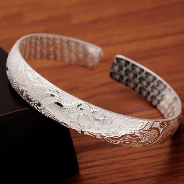 

bangle dragon phoenix bracelet for married unmarried women chinese style wedding gift jewelry wear cuff silver plated in eu, Black