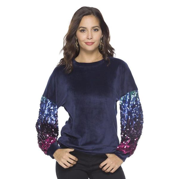 

женщины блестки ватки фуфайки тенденции моды женщины crew neck с длинным рукавом конструктора осени дамы пуловер тис толстовки панелями, Black