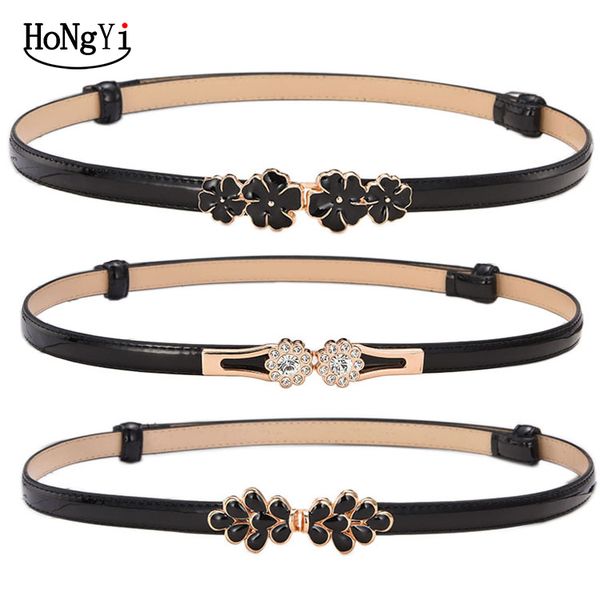 

2020 women double flower belt female black red white pu leather dress skirt waist elastic thin belts ladies designer waistband, Black;brown