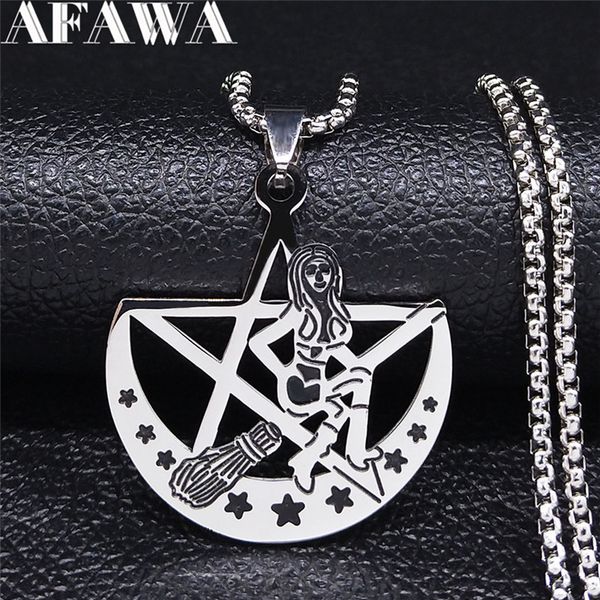 

witchcraft pentagram moon witch broom stainless steel chain necklace women silver color necklace jewelry collares de mujer n4055