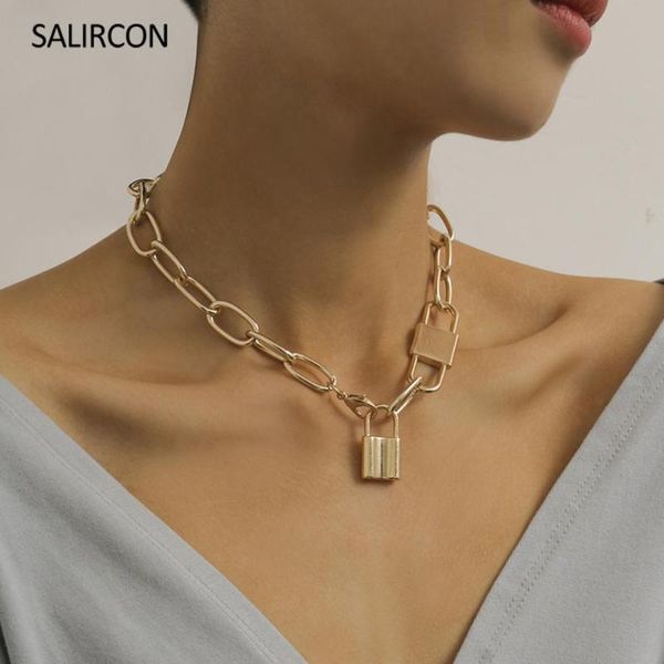 

salircon new 2020 lock pendant necklace collier punk gold color chain chunky padlock necklace for women statement jewelry hot, Silver
