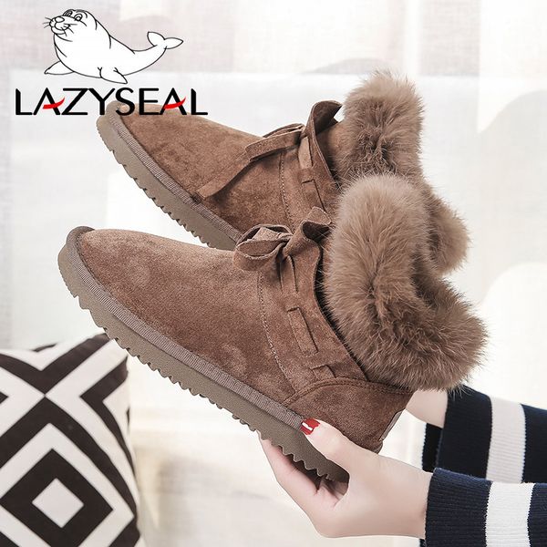

lazyseal shoes women suede real rabbit fur winter snow boots female pleated plush lining warm platform ankle boots booties 200916, Black