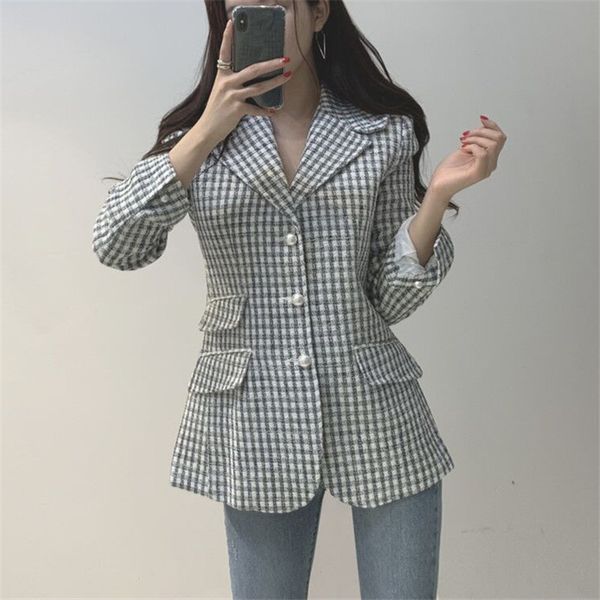 

cbafu tweed jacket women blazer long sleeve pearls button plaid foramal jacket notched outwears autumn p658, White;black
