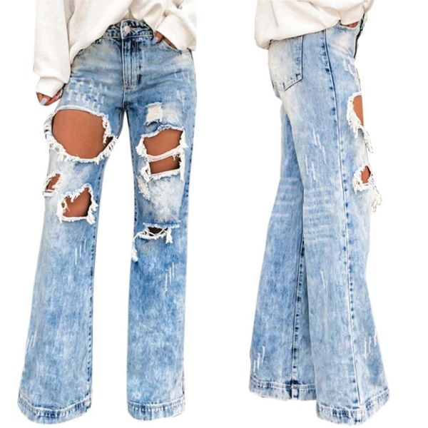 

zipper high waist woman jeans fashion trendy streetwear woman pants ripped straight holes denim female ladies clothing, Blue