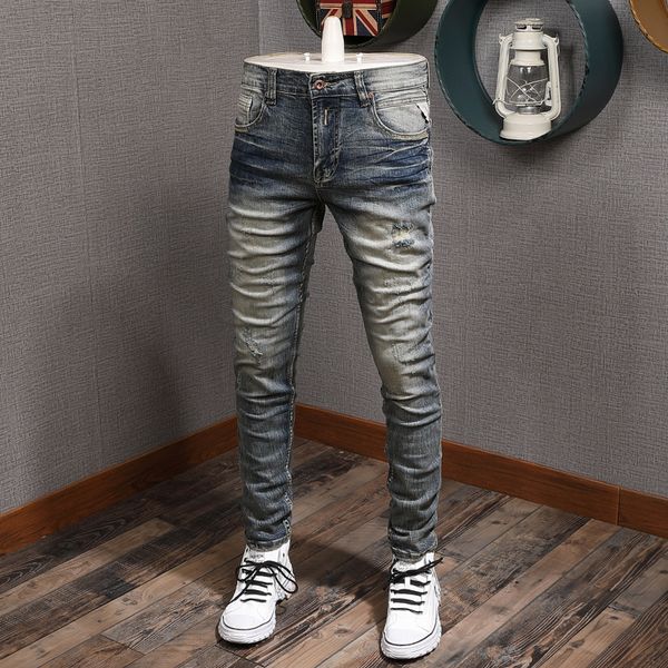 

fashion streetwear men jeans retro yellow washed slim fit ripped vintage designer denim pants hip hop homme, Blue