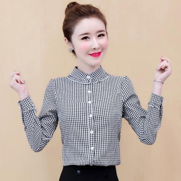 

2020 new women autumn fashion korean chiffon work wear shirts female streetwear plaid stand silm all-match blouse a148, White