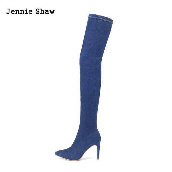 

knee high boots autumn thin leg point toe over the knee boots, side zipper elastic denim thigh high, Black