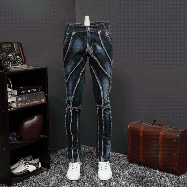 

men's jeans fashion mens denim pants tassel patchwork blue straight j47