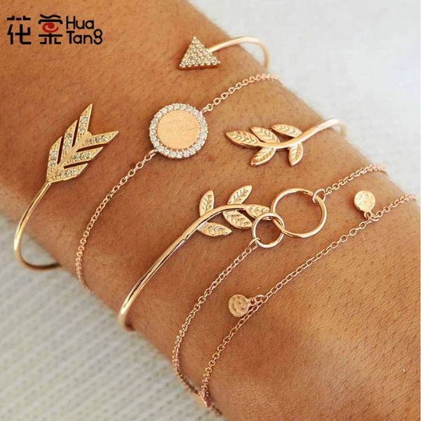 

huatang 5шт boho gold color arrow leaf open браслет многослойных кристалл круглых цепи браслет для женщин манжеты ювелирных изделий 3324, Black