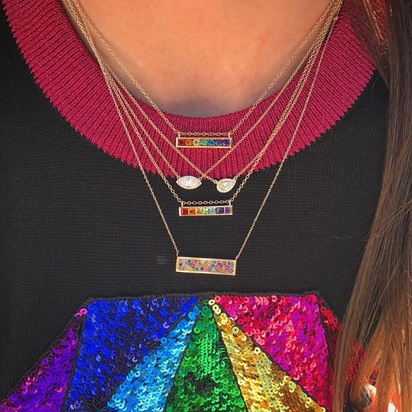 

chains gold color rainbow square cz bar necklace 2021 fashion christmas gift for women round circle charm delicate colorful jewelry, Silver