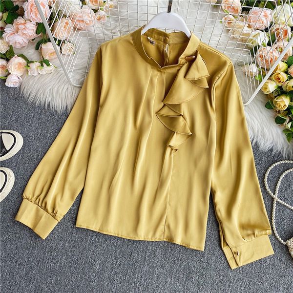 

women's blouses & shirts chiffon women chic blouse 2021 autumn ruffles patchwork stand collar basic streetwear korean style female 5 co, White