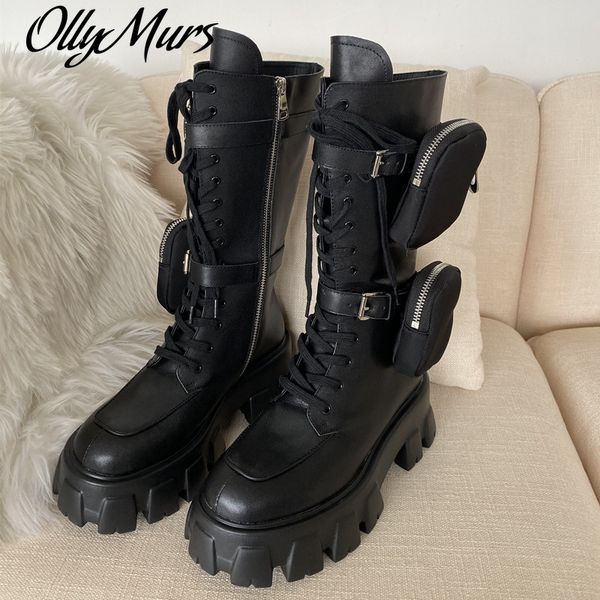 

genuine leather mid calf high boots women thick bottom platform pocket design motorcycle boots black lace up for women