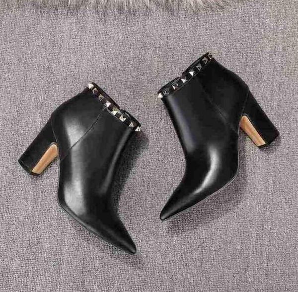 

size 35-40 winter high heel boots for womens rivet ankle booties 85mm chunky heel ladies casual shoes pointed toes, Black