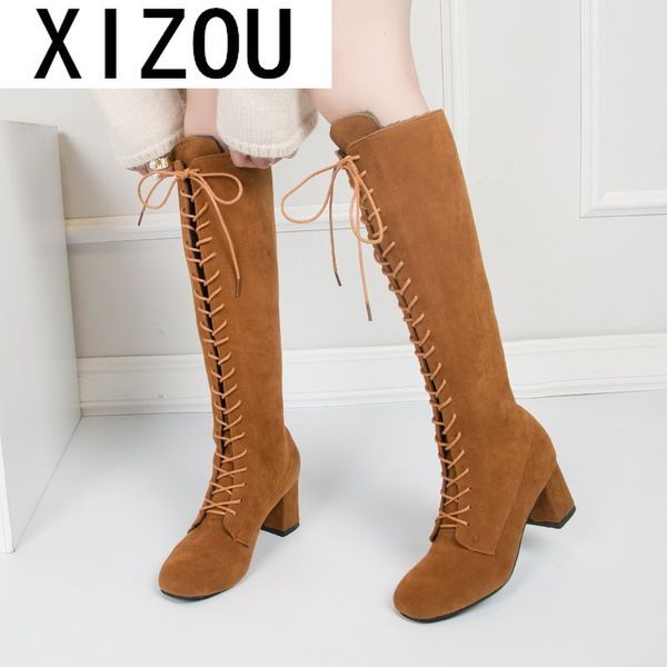 

boots 2021 woman lace up knee high winter warm plush gladiator long booties lady thick heels shoes sapatos feminino, Black