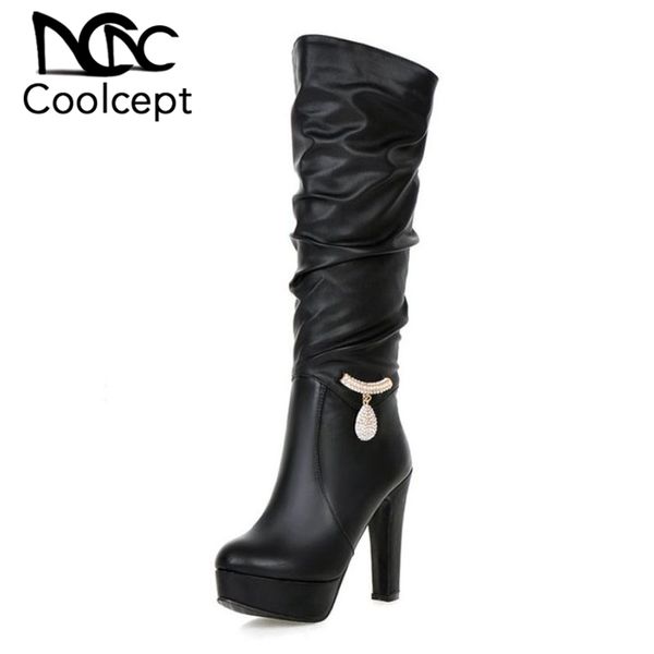 

coolcept нового прибытия 4 цвета женщина колено высоких сапоги зима платформа высокие каблуки обувь женщина кристалл сапоги обувь размер 34, Black