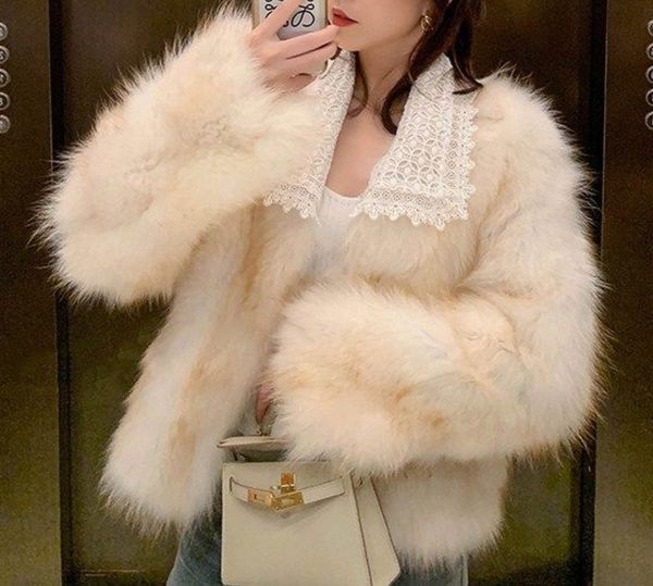 

new winter women korean faux fox fur coat female luxury overcoat thick warm plush lace turn-down collar short coats, Black