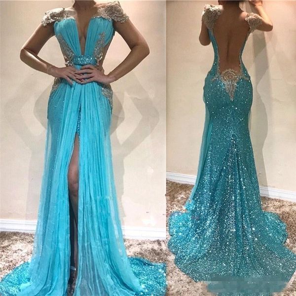 Neue türkisfarbene Pailletten-Spitze-Meerjungfrau-Abschlussballkleider, rückenfrei, Flügelärmel, tiefer V-Ausschnitt, Pailletten, geteiltes Chiffon, formelles Abendkleid, Partykleid