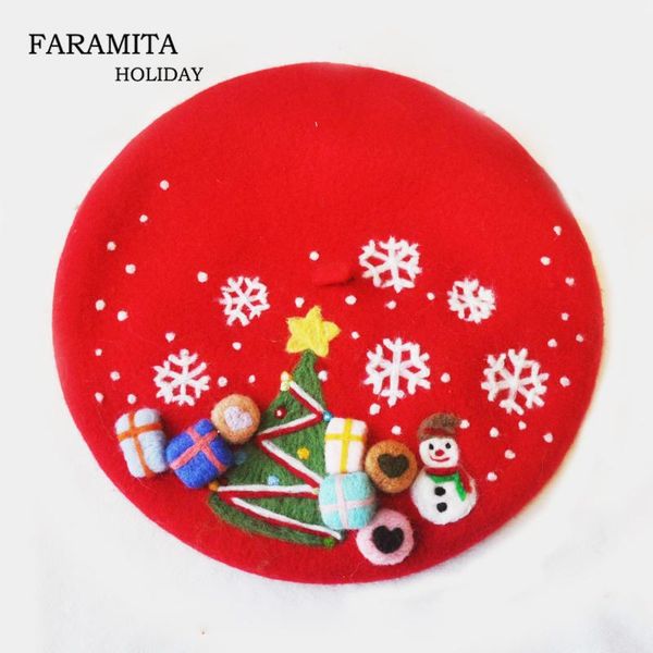 

faramita holiday christmas tree 3d snow red women kids parents-child gifts french berets wool handmade painter hats hat caps, Blue;gray
