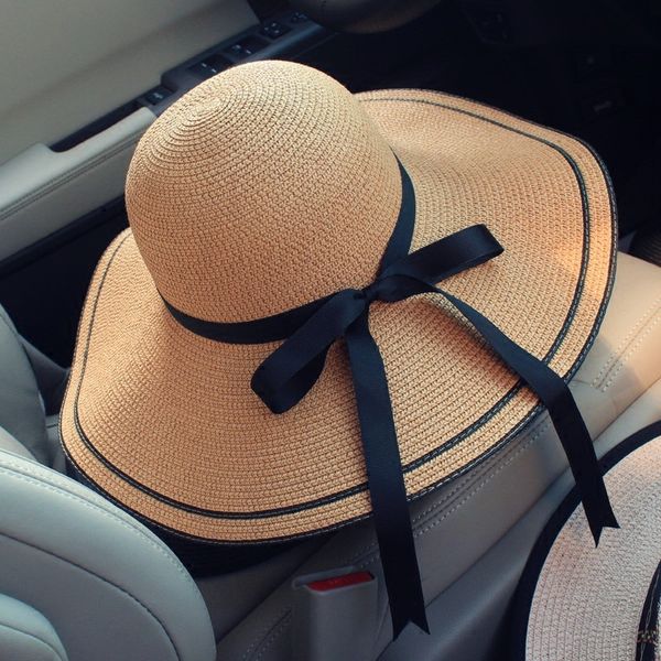 

wide brim hats hat female bow color matching summer sunshade holiday along the beach cap folding sun, Blue;gray
