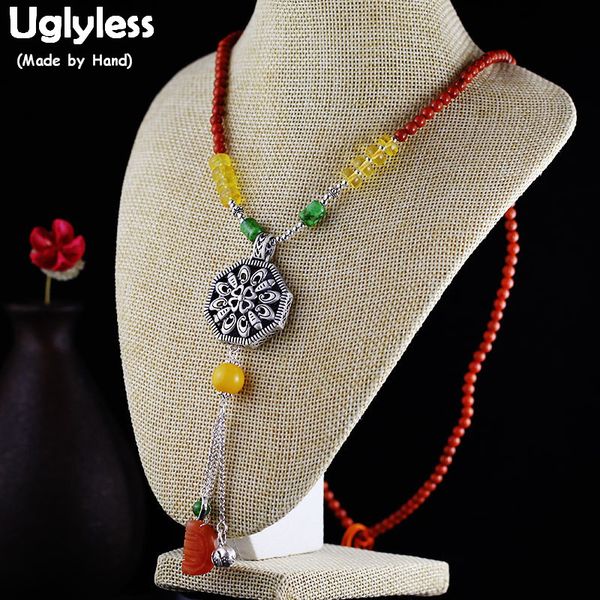 

uglyless vintage thai silver hollow цветок ожерелье для женщин этнического бриллиантовой кисточки подвески fine jewelry агатовых цепи c122