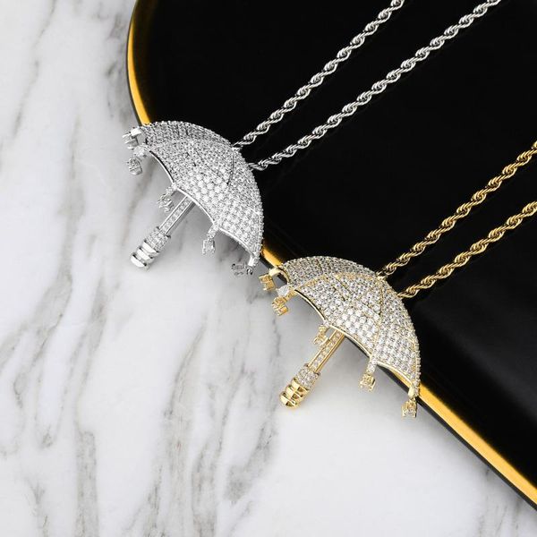 

micro paved iced out umbrella pendant necklace cubic zircon hip hop jewelry for men women party gift, Silver